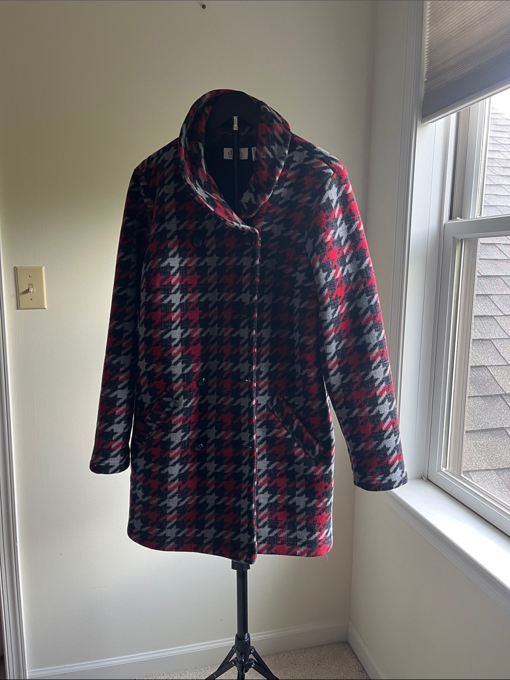 Denim&Co Red and Gray Houndstooth Peacoat with Draped Collar- M